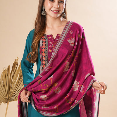 Solid Mirror Embellished Kurta with Pants & Floral Dupatta - Teal