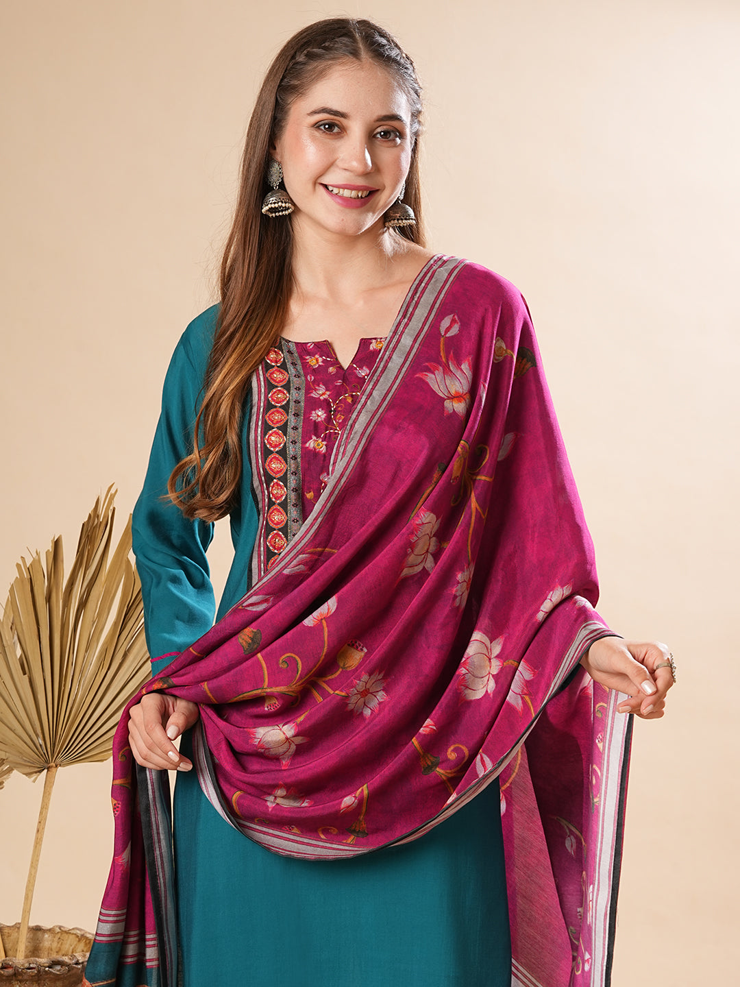 Solid Mirror Embellished Kurta with Pants & Floral Dupatta - Teal