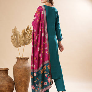 Solid Mirror Embellished Kurta with Pants & Floral Dupatta - Teal