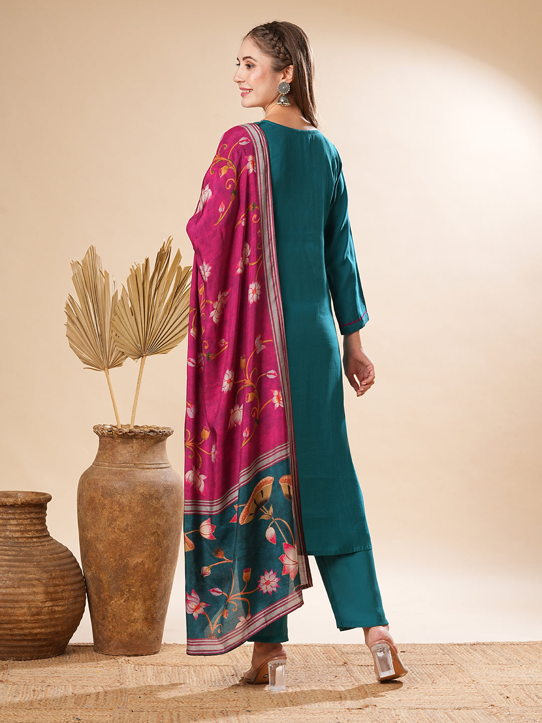 Solid Mirror Embellished Kurta with Pants & Floral Dupatta - Teal
