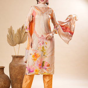 Floral Printed Mirror & Sequins Embroidered Kurta with Pants & Dupatta - Cream & Multi