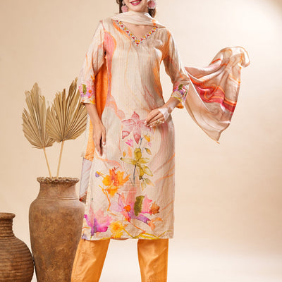 Floral Printed Mirror & Sequins Embroidered Kurta with Pants & Dupatta - Cream & Multi