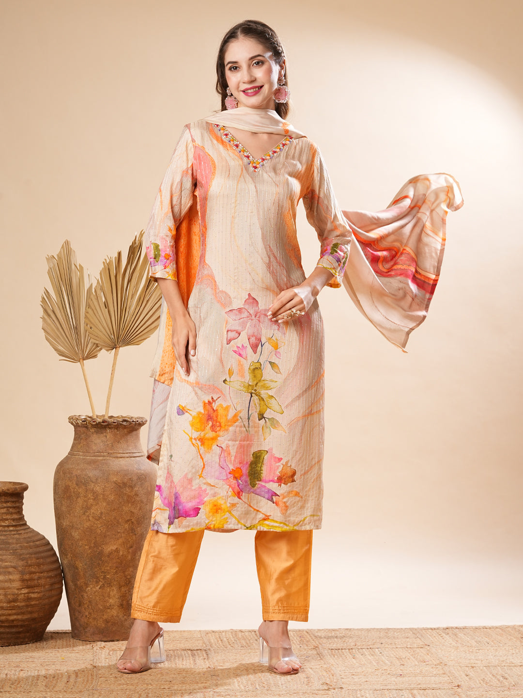 Floral Printed Mirror & Sequins Embroidered Kurta with Pants & Dupatta - Cream & Multi