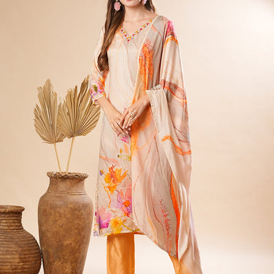 Floral Printed Mirror & Sequins Embroidered Kurta with Pants & Dupatta - Cream & Multi