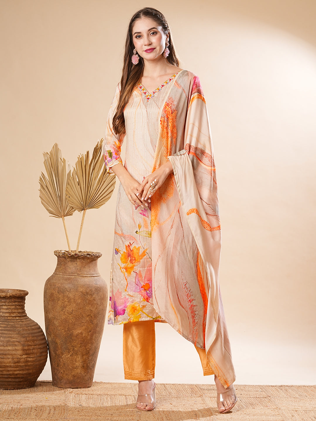 Floral Printed Mirror & Sequins Embroidered Kurta with Pants & Dupatta - Cream & Multi
