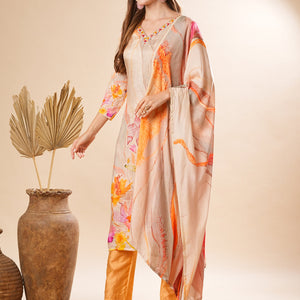 Floral Printed Mirror & Sequins Embroidered Kurta with Pants & Dupatta - Cream & Multi