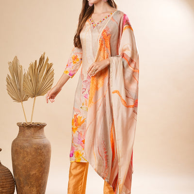 Floral Printed Mirror & Sequins Embroidered Kurta with Pants & Dupatta - Cream & Multi