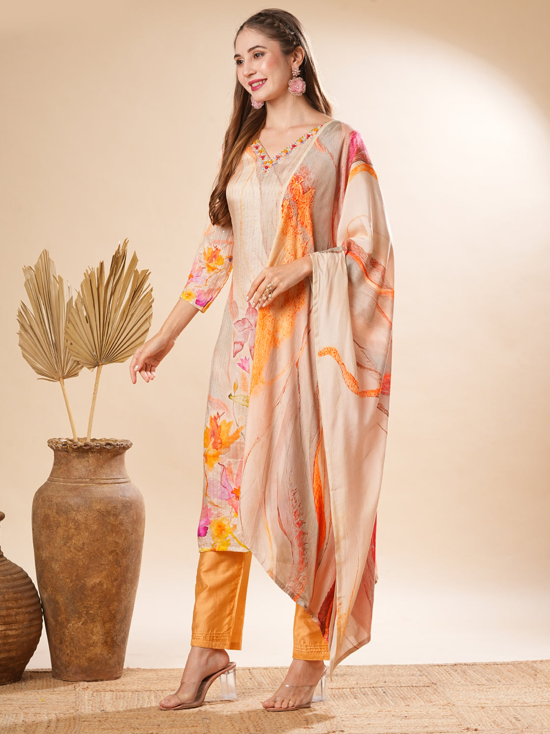 Floral Printed Mirror & Sequins Embroidered Kurta with Pants & Dupatta - Cream & Multi