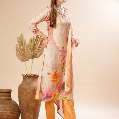 Floral Printed Mirror & Sequins Embroidered Kurta with Pants & Dupatta - Cream & Multi