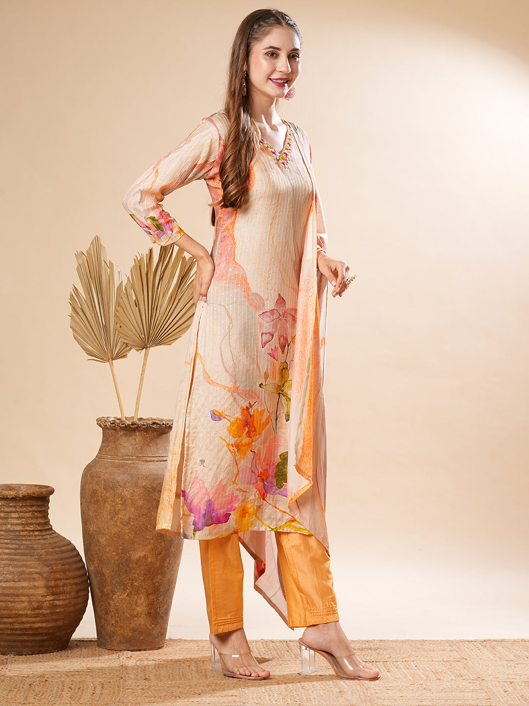 Floral Printed Mirror & Sequins Embroidered Kurta with Pants & Dupatta - Cream & Multi