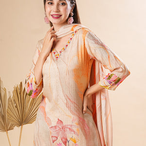 Floral Printed Mirror & Sequins Embroidered Kurta with Pants & Dupatta - Cream & Multi