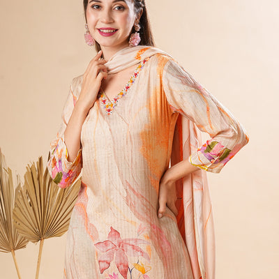 Floral Printed Mirror & Sequins Embroidered Kurta with Pants & Dupatta - Cream & Multi