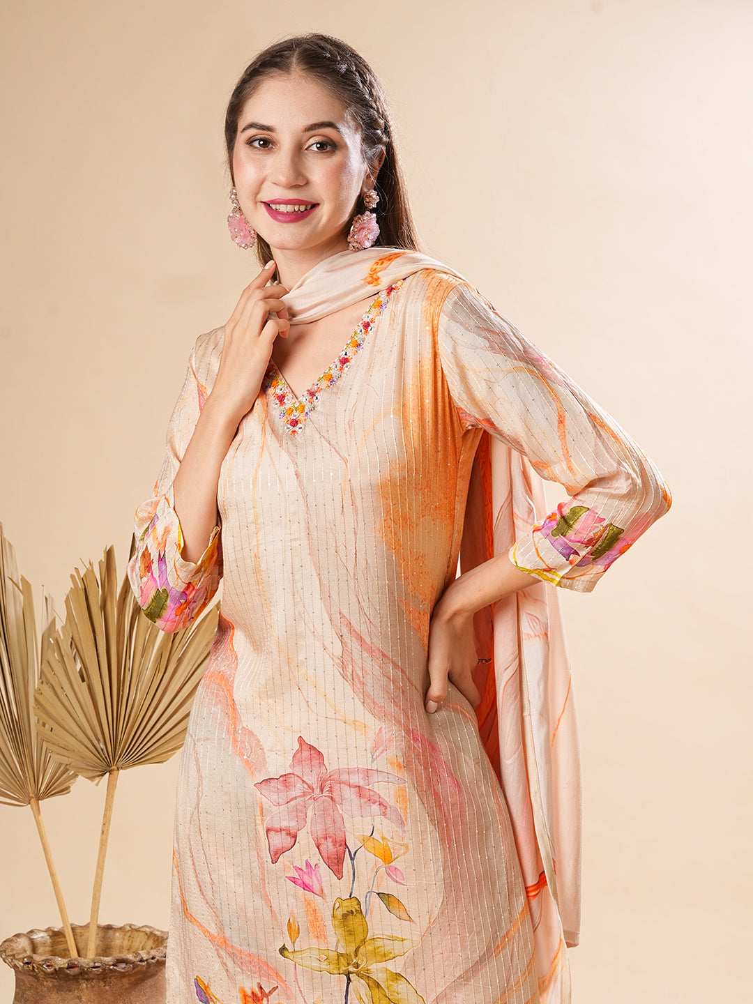 Floral Printed Mirror & Sequins Embroidered Kurta with Pants & Dupatta - Cream & Multi