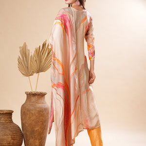 Floral Printed Mirror & Sequins Embroidered Kurta with Pants & Dupatta - Cream & Multi