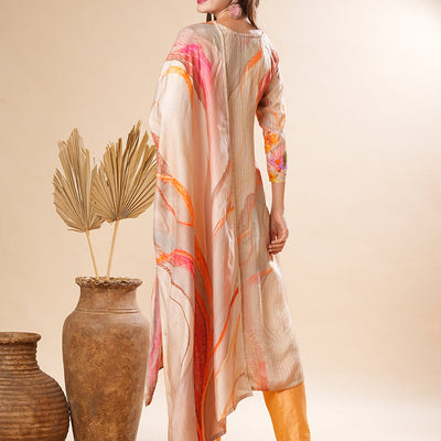 Floral Printed Mirror & Sequins Embroidered Kurta with Pants & Dupatta - Cream & Multi