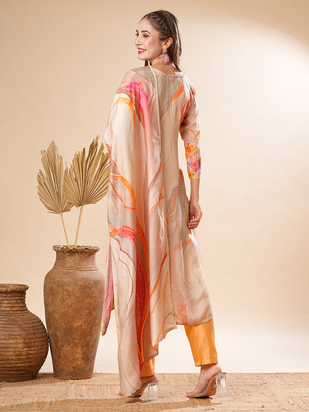 Floral Printed Mirror & Sequins Embroidered Kurta with Pants & Dupatta - Cream & Multi