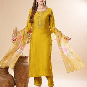Solid Zardozi & Stone Embroidered Kurta with Pants & Floral Dupatta - Lime Green