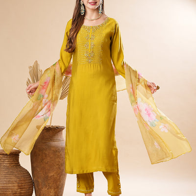 Solid Zardozi & Stone Embroidered Kurta with Pants & Floral Dupatta - Lime Green