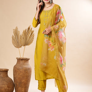 Solid Zardozi & Stone Embroidered Kurta with Pants & Floral Dupatta - Lime Green