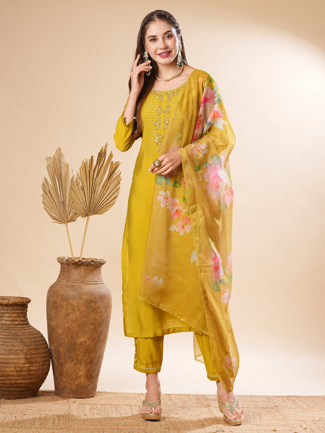 Solid Zardozi & Stone Embroidered Kurta with Pants & Floral Dupatta - Lime Green