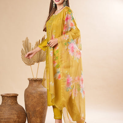 Solid Zardozi & Stone Embroidered Kurta with Pants & Floral Dupatta - Lime Green