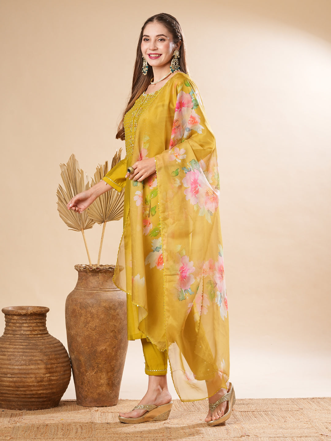 Solid Zardozi & Stone Embroidered Kurta with Pants & Floral Dupatta - Lime Green