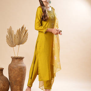 Solid Zardozi & Stone Embroidered Kurta with Pants & Floral Dupatta - Lime Green