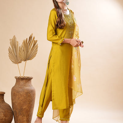 Solid Zardozi & Stone Embroidered Kurta with Pants & Floral Dupatta - Lime Green