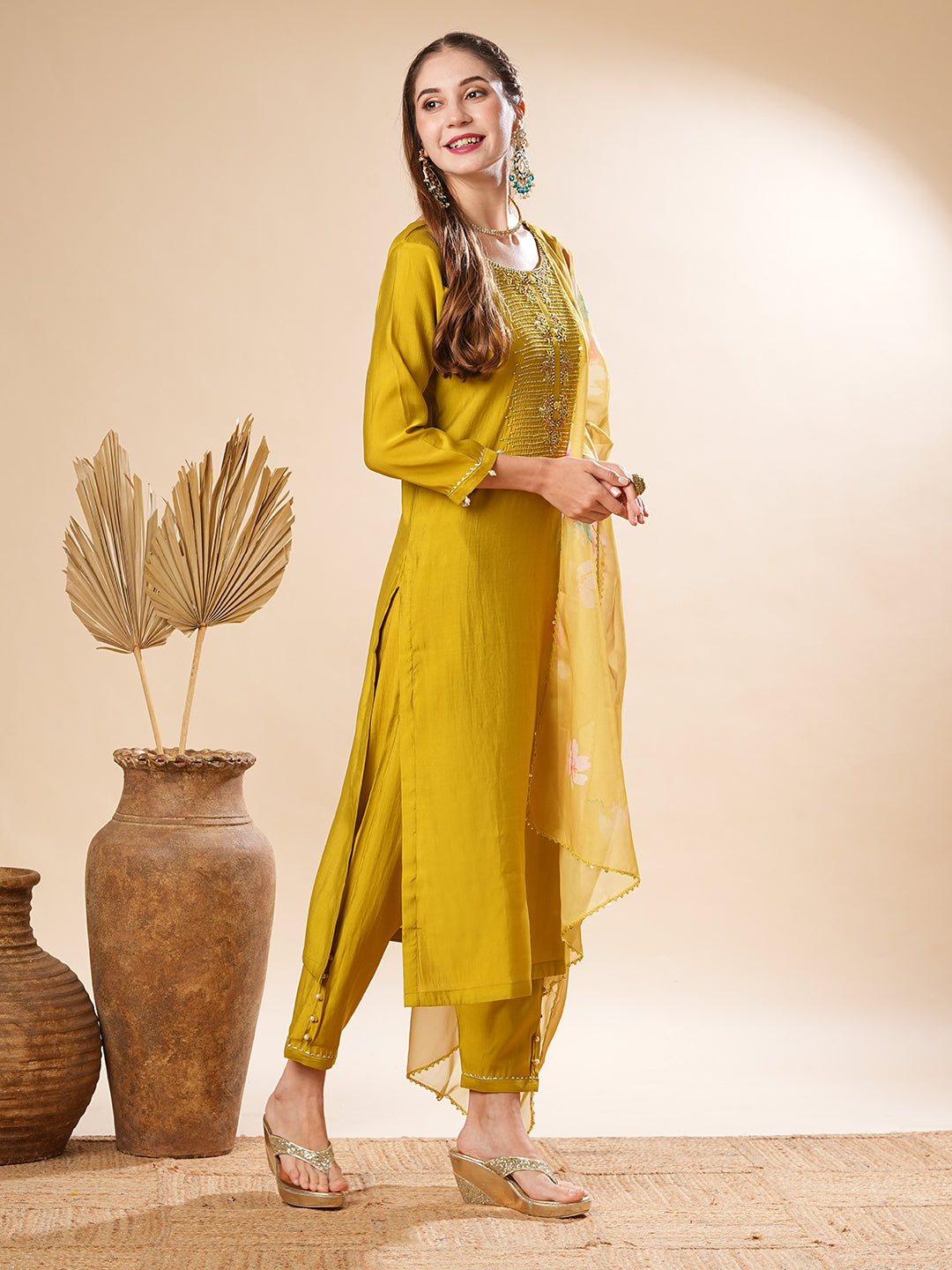 Solid Zardozi & Stone Embroidered Kurta with Pants & Floral Dupatta - Lime Green