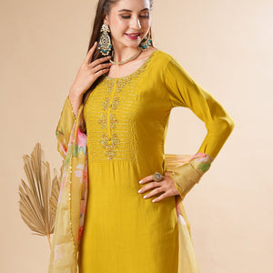 Solid Zardozi & Stone Embroidered Kurta with Pants & Floral Dupatta - Lime Green
