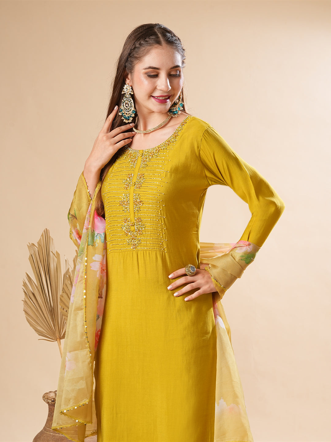 Solid Zardozi & Stone Embroidered Kurta with Pants & Floral Dupatta - Lime Green