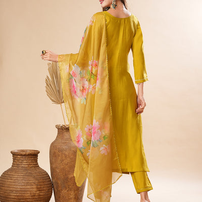 Solid Zardozi & Stone Embroidered Kurta with Pants & Floral Dupatta - Lime Green