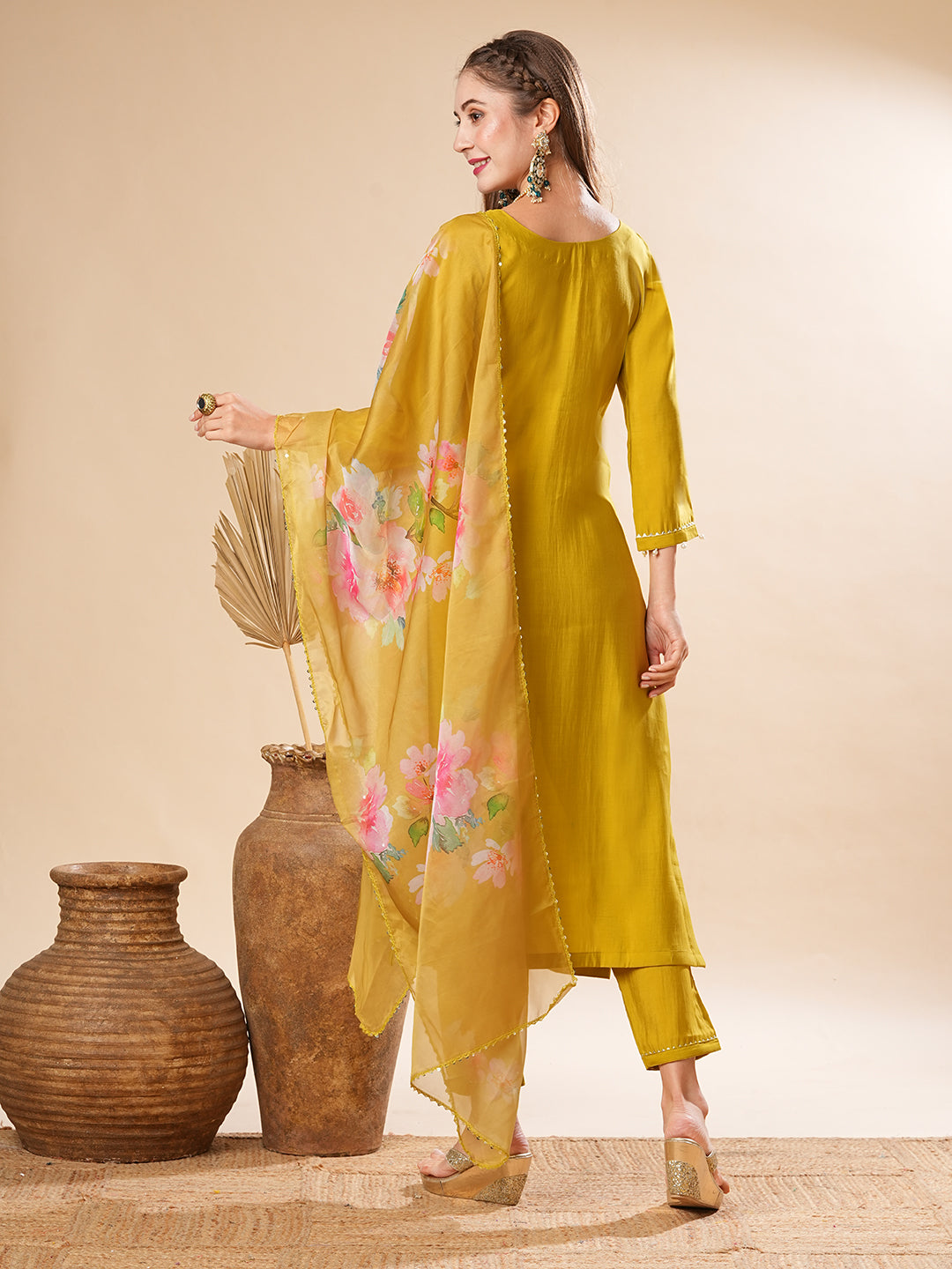 Solid Zardozi & Stone Embroidered Kurta with Pants & Floral Dupatta - Lime Green