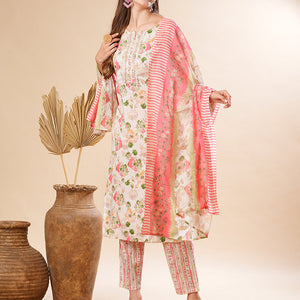 Floral Printed Sequins & Resham Embrodiered Kurta with Pants & Dupatta - Off White