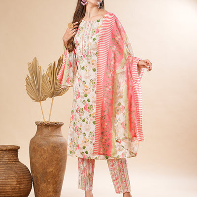 Floral Printed Sequins & Resham Embrodiered Kurta with Pants & Dupatta - Off White