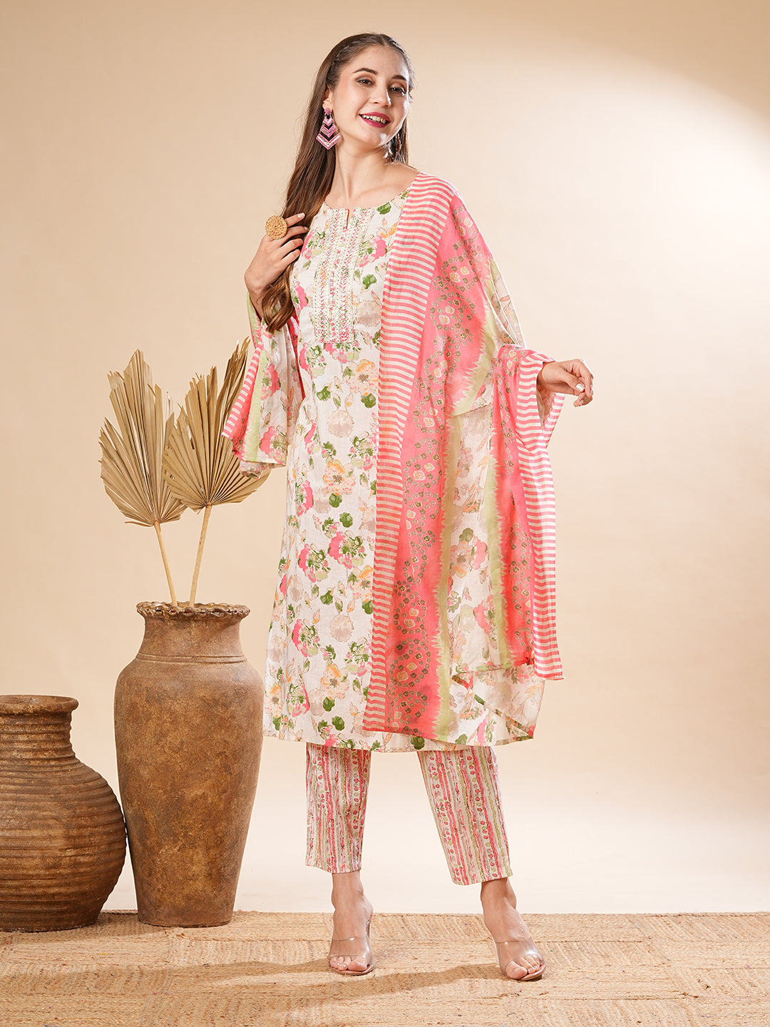 Floral Printed Sequins & Resham Embrodiered Kurta with Pants & Dupatta - Off White