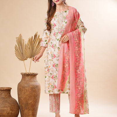 Floral Printed Sequins & Resham Embrodiered Kurta with Pants & Dupatta - Off White