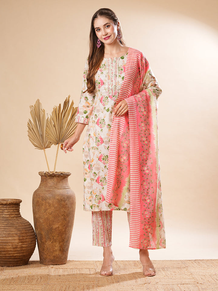 Floral Printed Sequins & Resham Embrodiered Kurta with Pants & Dupatta - Off White