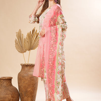 Floral Printed Sequins & Resham Embrodiered Kurta with Pants & Dupatta - Off White