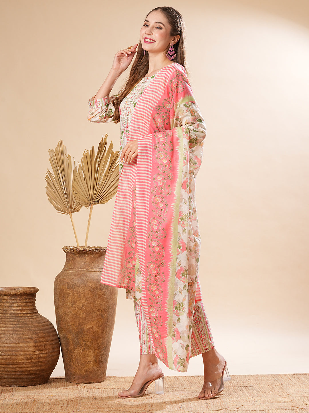 Floral Printed Sequins & Resham Embrodiered Kurta with Pants & Dupatta - Off White