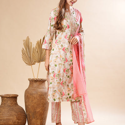Floral Printed Sequins & Resham Embrodiered Kurta with Pants & Dupatta - Off White