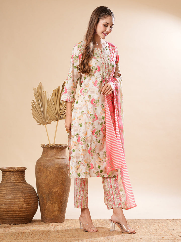 Floral Printed Sequins & Resham Embrodiered Kurta with Pants & Dupatta - Off White