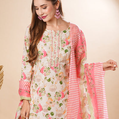 Floral Printed Sequins & Resham Embrodiered Kurta with Pants & Dupatta - Off White