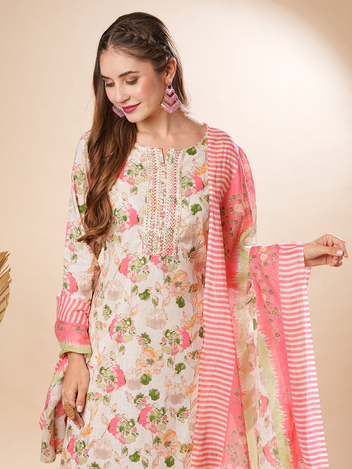 Floral Printed Sequins & Resham Embrodiered Kurta with Pants & Dupatta - Off White