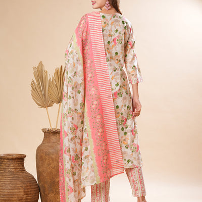 Floral Printed Sequins & Resham Embrodiered Kurta with Pants & Dupatta - Off White