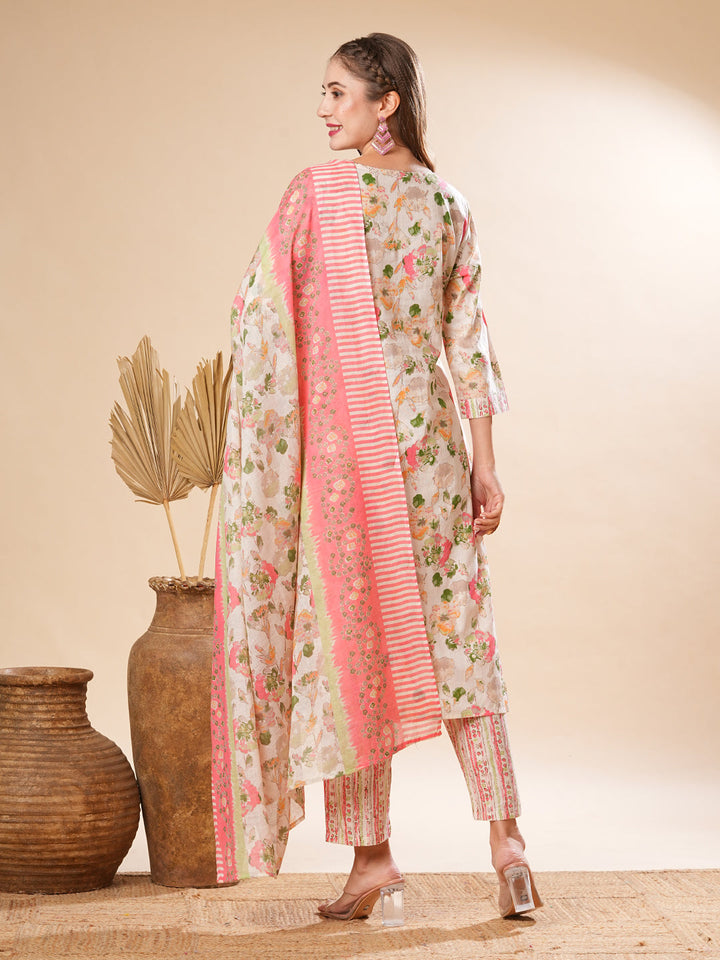 Floral Printed Sequins & Resham Embrodiered Kurta with Pants & Dupatta - Off White