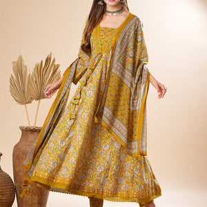 Floral Printed Mirror & Beads Embroidered Anarkali Kurta with Pants & Dupatta - Olive