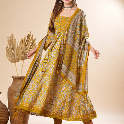 Floral Printed Mirror & Beads Embroidered Anarkali Kurta with Pants & Dupatta - Olive