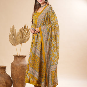 Floral Printed Mirror & Beads Embroidered Anarkali Kurta with Pants & Dupatta - Olive