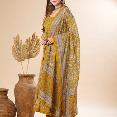 Floral Printed Mirror & Beads Embroidered Anarkali Kurta with Pants & Dupatta - Olive